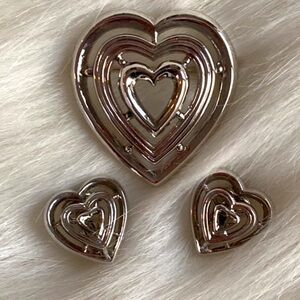 Trifari Silver Tone Heart Pin and Clip On Earrings
